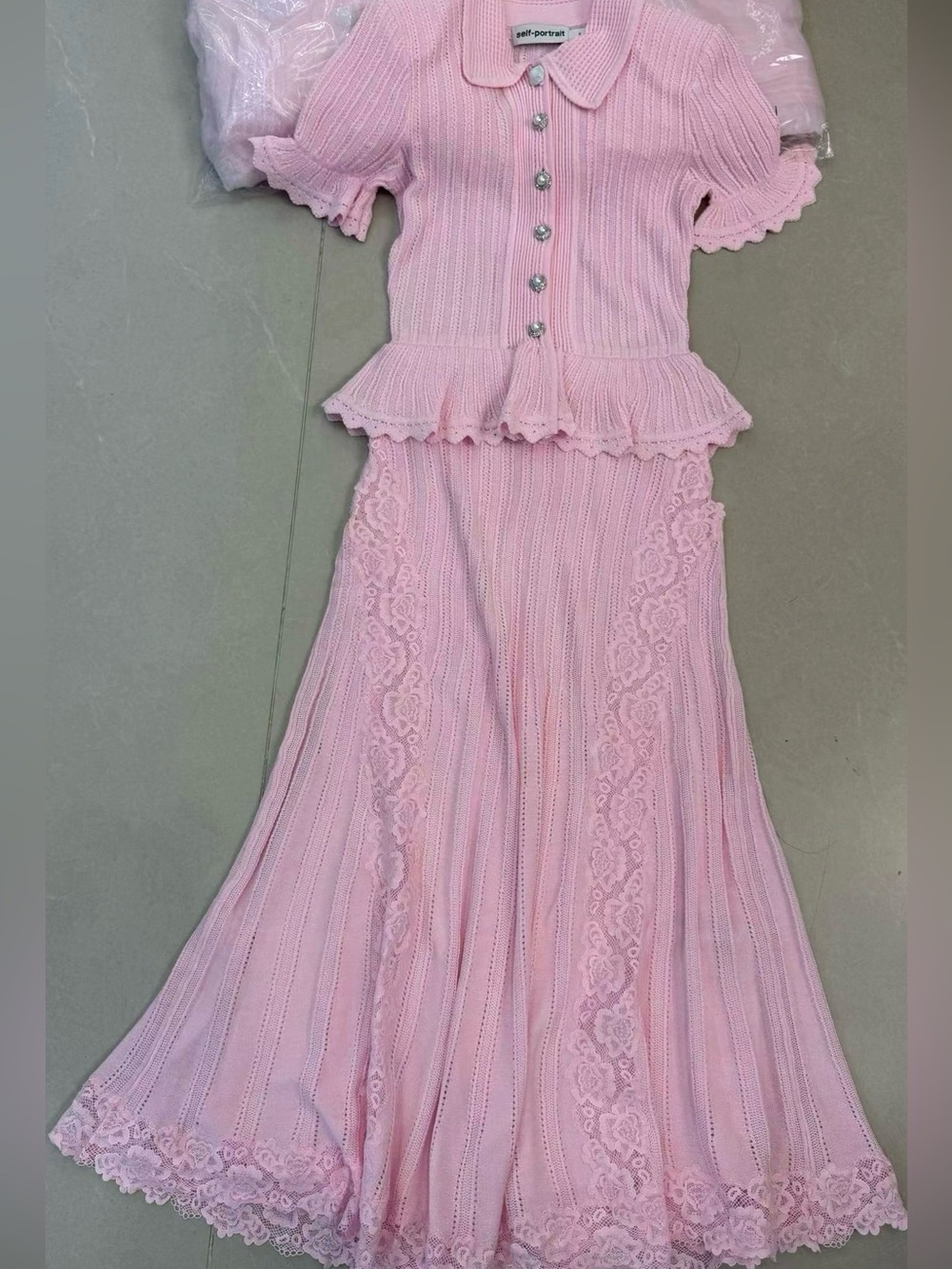NWOT Self-Portrait PINK POINTELLE PEPLUM KNIT MIDI DRESS - Picture 6 of 11